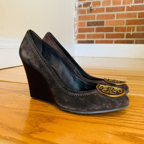 Tory Burch Chelsea Brown Suede Leather Wedge Pumps Size 7.5 M - Picture 11 of 15